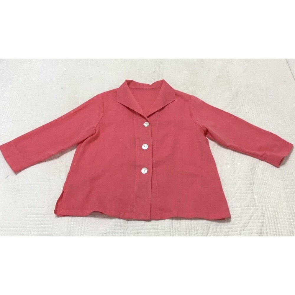 Fridaze Pink Red 100% Linen Notch Collar Button Front Blouse S Mother of Pearl